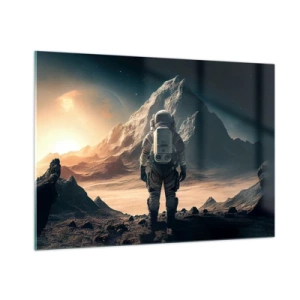 Glasbild - Bild auf glas - Astronaut auf einem fremden Planeten mit einer bergigen Landschaft - 100x70cm - Neue Herausforderung - Moderne Wanddekoration für Wohnzimmer und Schlafzimmer ARTTOR