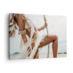 Bild auf Leinwand - Leinwandbild - Eine Frauenfigur mit ethnischen Ornamenten und Kleidung vor dem Hintergrund einer tropischen Landschaft. - 70x50cm - Eine Priesterin der Sonne - Moderne Wanddekoration für Wohnzimmer und Schlafzimmer ARTTOR