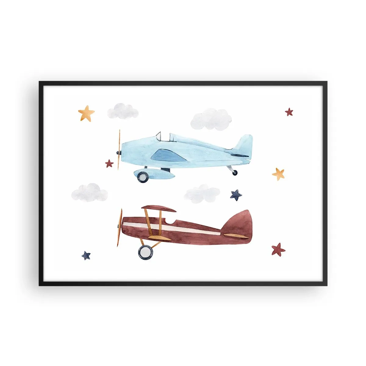 Poster in einem schwarzem Rahmen - Handbemalte Flugzeuge vor einem Hintergrund aus Wolken und Sternen - 100x70cm - Wir warten, Herr Pilot! - Moderne Wanddekoration für Wohnzimmer und Schlafzimmer ARTTOR