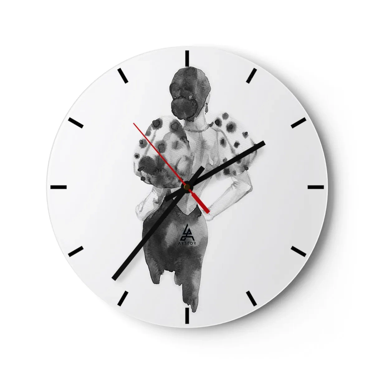 Wanduhr - Glasuhr - Schwarz-Weiß-Illustration einer Frau in einem eleganten Kleid - 30x30cm - Sie ging direkt vorbei - Moderne Wanddekoration für Wohnzimmer, Küche und Schlafzimmer ARTTOR