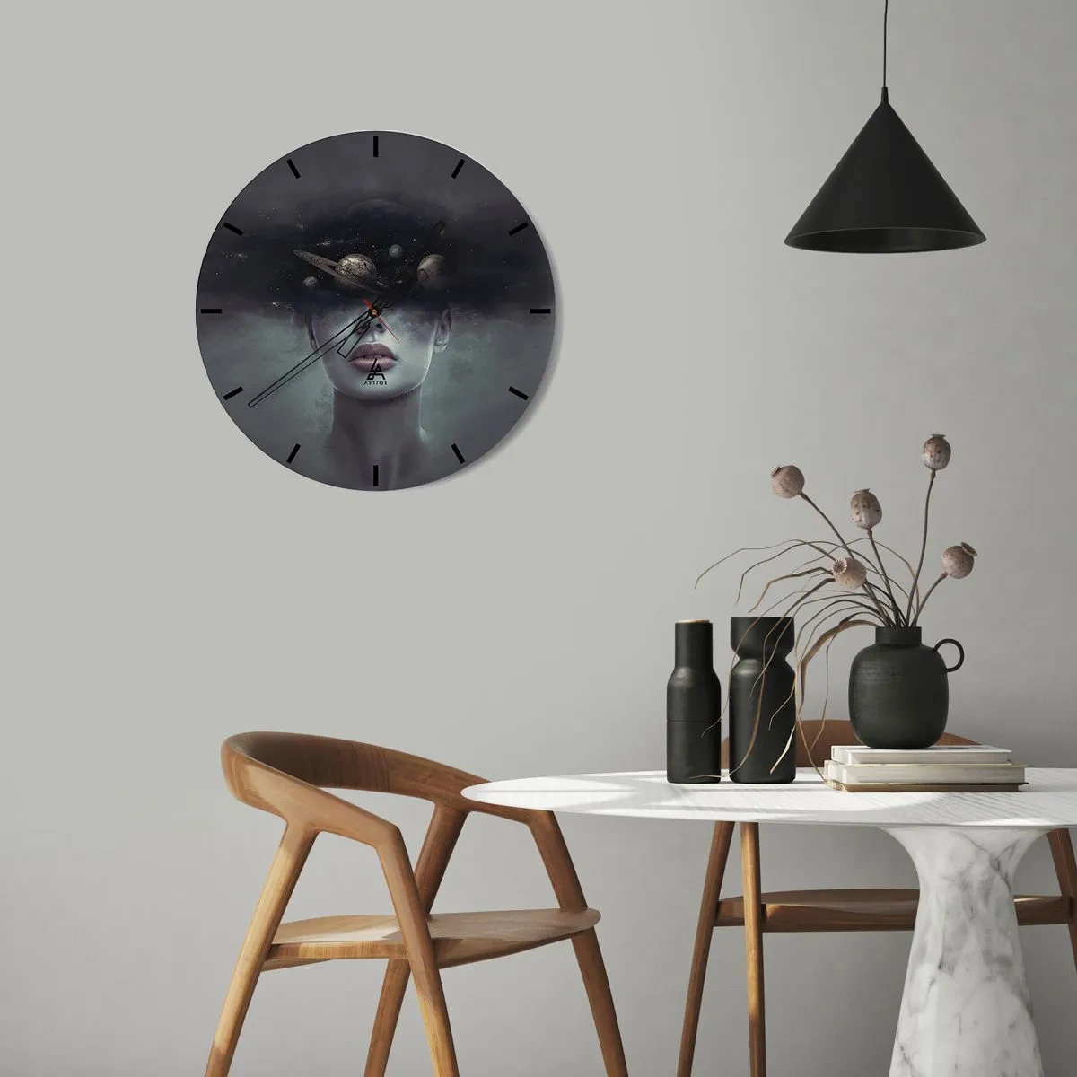 Wanduhr - Glasuhr - Eine kosmische Komposition von Planeten im Kopf einer Frau vor einem dunklen Hintergrund. - 30x30cm - Und die Planeten spielen verrückt ... - Moderne Wanddekoration für Wohnzimmer, Küche und Schlafzimmer ARTTOR