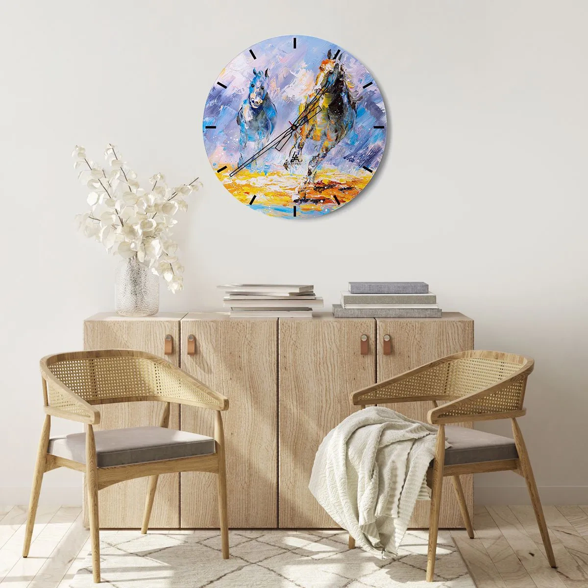 Wanduhr - Glasuhr - Zwei Pferde im dynamischen Lauf vor farbenfroher Kulisse - 30x30cm - Galopp durch die Blendung - Moderne Wanddekoration für Wohnzimmer, Küche und Schlafzimmer ARTTOR