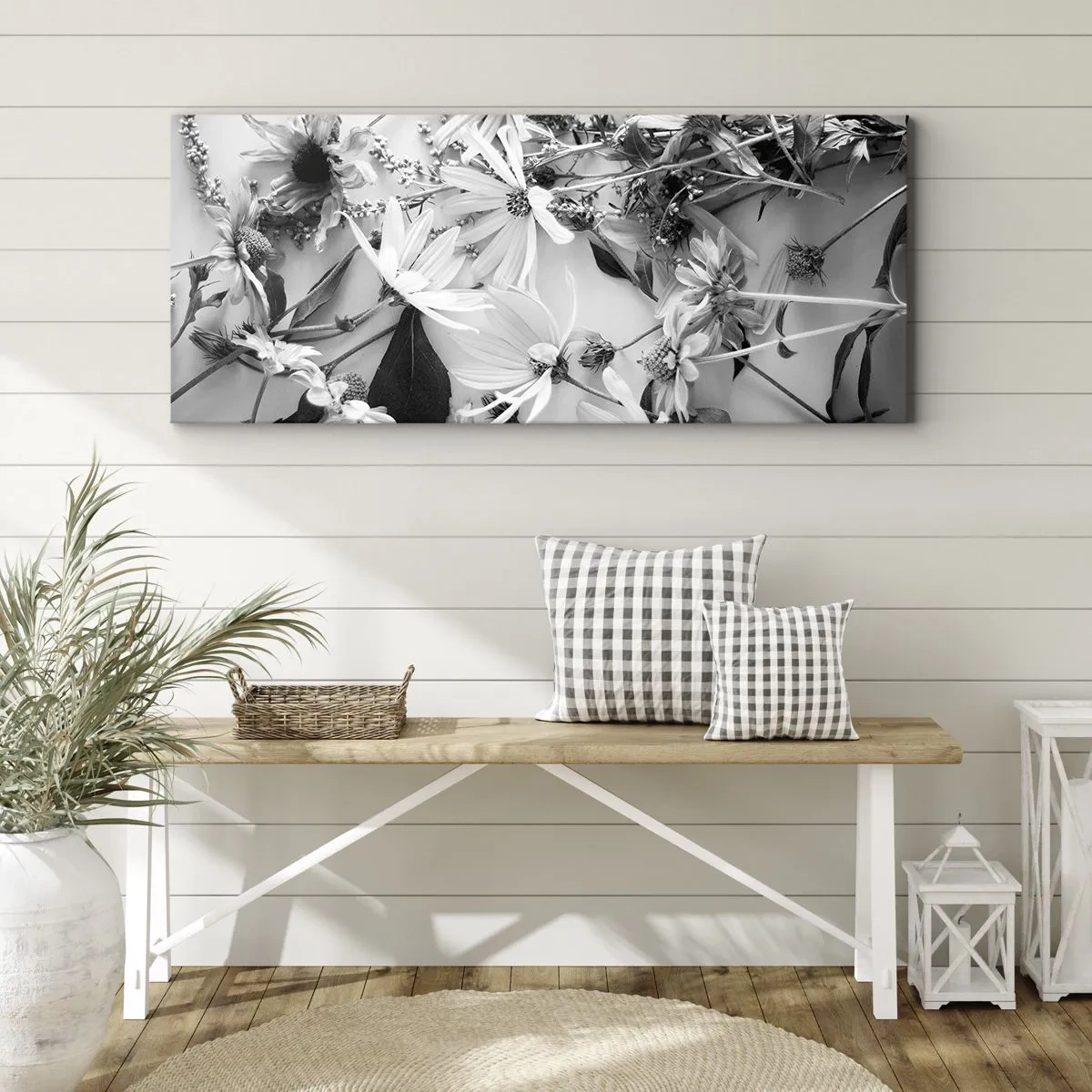 Bild auf Leinwand - Leinwandbild - Schwarz-weiße Blumenarrangements in dezentem Kunststil - 120x50cm - Kein Blumenstrauß - Moderne Wanddekoration für Wohnzimmer und Schlafzimmer ARTTOR