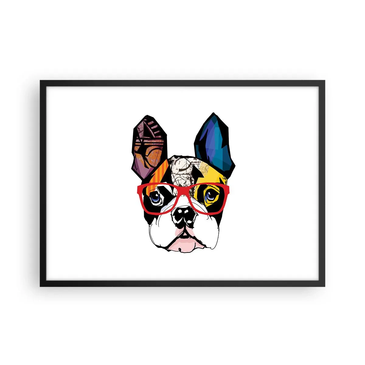 Poster in einem schwarzem Rahmen - Bulldogge in einer bunten Illustration mit roter Brille - 70x50cm - Intellektuelle - Moderne Wanddekoration für Wohnzimmer und Schlafzimmer ARTTOR