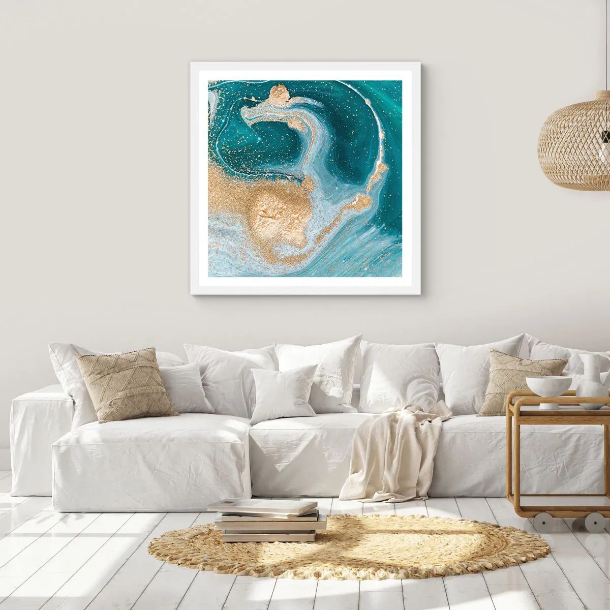 Poster in einem weißen Rahmen - Ein Strudel aus Gold und Türkis - 50x50 cm
