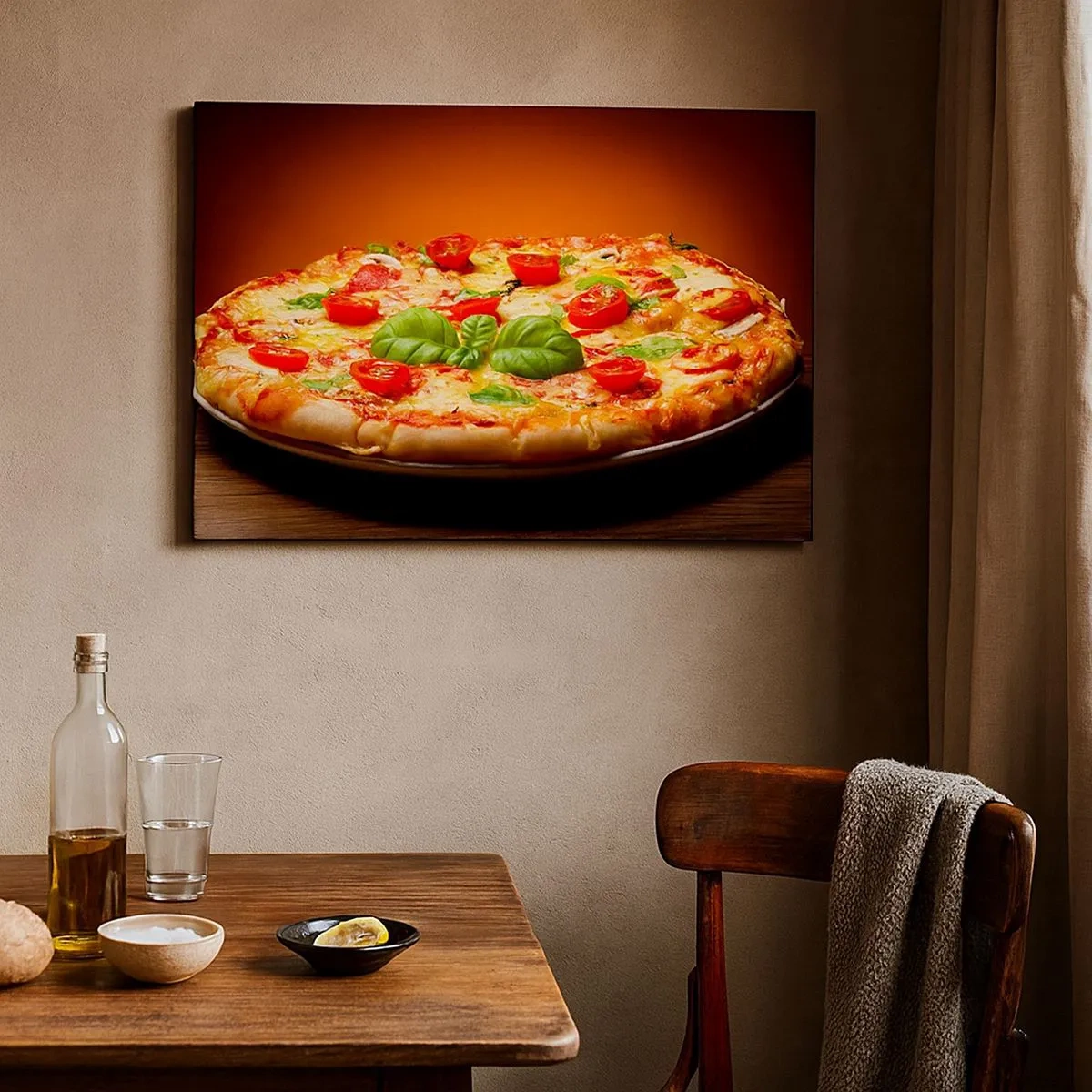 Bild auf Leinwand - Leinwandbild - Pizza mit Tomaten und Basilikum auf einem Holztisch - 70x50cm - Mamma Mia! - Moderne Wanddekoration für Wohnzimmer und Schlafzimmer ARTTOR