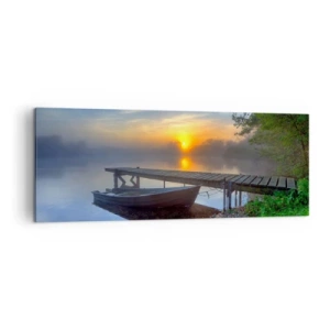 Bild auf Leinwand - Leinwandbild - Ein Seesteg bei Sonnenaufgang mit einem Boot am Ufer - 140x50cm - Wie aus Gewöhnlichem Magie wird - Moderne Wanddekoration für Wohnzimmer und Schlafzimmer ARTTOR