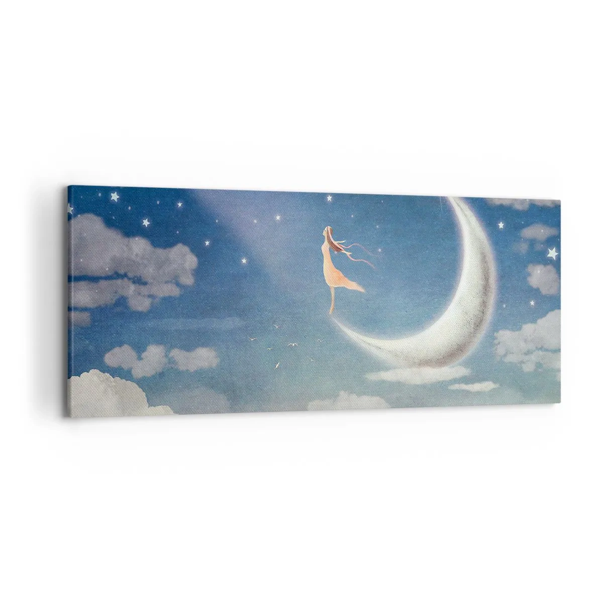 Bild auf Leinwand - Leinwandbild - Eine Frau im Mond, umgeben von Sternen und Wolken - 120x50cm - Blauer Freier - Moderne Wanddekoration für Wohnzimmer und Schlafzimmer ARTTOR