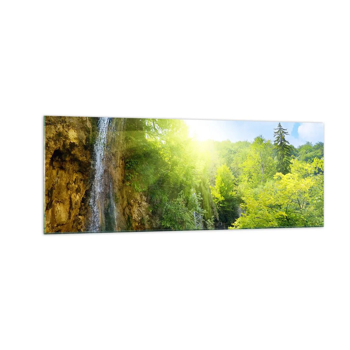 Glasbild - Bild auf glas - Ein Wasserfall, der in einen türkisfarbenen See fließt, umgeben von Grün - 140x50cm - Es muss Eden sein - Moderne Wanddekoration für Wohnzimmer und Schlafzimmer ARTTOR