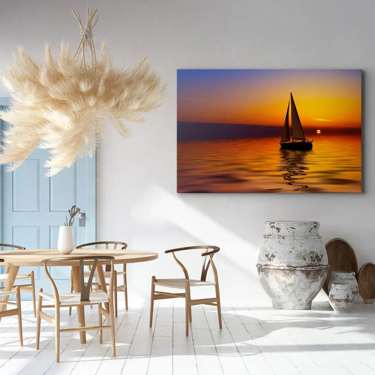 Bild auf Leinwand - Leinwandbild - Ein Segelboot auf ruhiger See bei Sonnenuntergang - 70x50cm - Wie ruhig es hier in der Abenddämmerung ist... - Moderne Wanddekoration für Wohnzimmer und Schlafzimmer ARTTOR