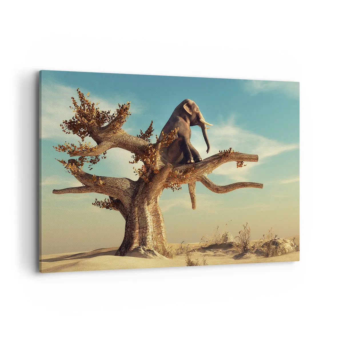 Bild auf Leinwand - Leinwandbild - Ein Elefant sitzt auf einem Baum in einer surrealen Landschaft - 100x70cm - Ein neuer Standpunkt - Moderne Wanddekoration für Wohnzimmer und Schlafzimmer ARTTOR