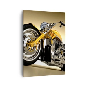 Bild auf Leinwand - Leinwandbild - Ein gelbes Motorrad im Chopper-Stil vor einer beigen Wand - 50x70cm - Ein Traum von Kraft und Geschwindigkeit - Moderne Wanddekoration für Wohnzimmer und Schlafzimmer ARTTOR