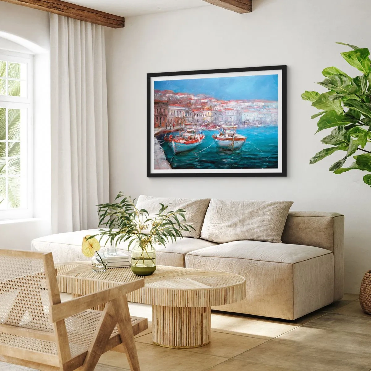 Poster in einem schwarzem Rahmen - Boote in einer malerischen italienischen Bucht - 100x70cm - Italienische Bucht - Moderne Wanddekoration für Wohnzimmer und Schlafzimmer ARTTOR