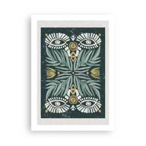 Poster - Symmetrisches Muster mit Blättern und Augen auf dunklem Hintergrund - 50x70cm - Wie ein Volksausschnitt - Moderne Wanddekoration für Wohnzimmer und Schlafzimmer ARTTOR