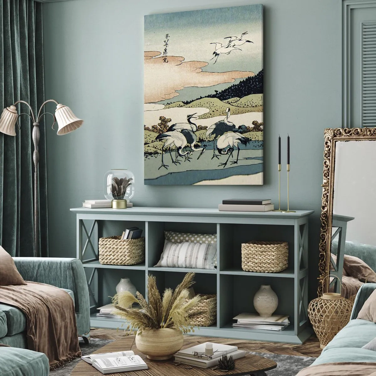 Bild auf Leinwand - Leinwandbild - Traditionelle japanische Grafik mit Bergen und Kranichen - 70x100cm - Im japanischen Geist - Moderne Wanddekoration für Wohnzimmer und Schlafzimmer ARTTOR