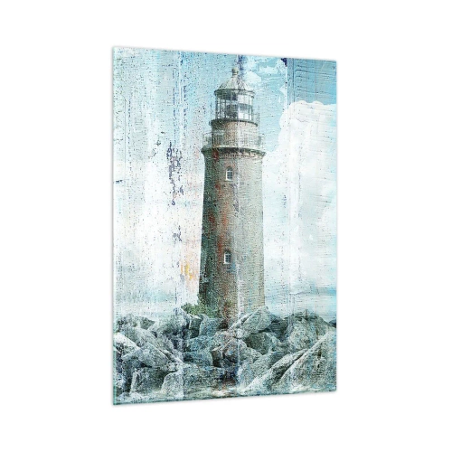 Glasbild - Bild auf glas - Vintage Leuchtturm mit Wolken im Hintergrund - 50x70cm - Auf altem Holz - Moderne Wanddekoration für Wohnzimmer und Schlafzimmer ARTTOR