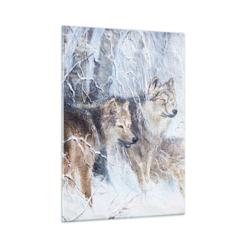 Glasbild - Bild auf glas - Drei Wölfe in einem Winterwald, umgeben von Schnee - 50x70cm - Beachtung! Hier kommt ... - Moderne Wanddekoration für Wohnzimmer und Schlafzimmer ARTTOR