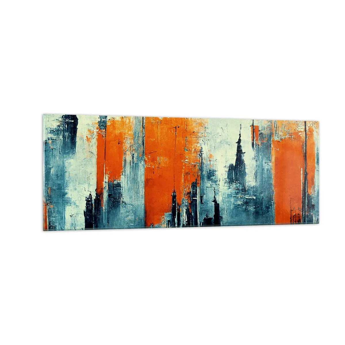 Glasbild - Bild auf glas - Abstrakte Stadtlandschaft in Orange- und Blautönen - 140x50cm - Moderne Landschaft - Moderne Wanddekoration für Wohnzimmer und Schlafzimmer ARTTOR