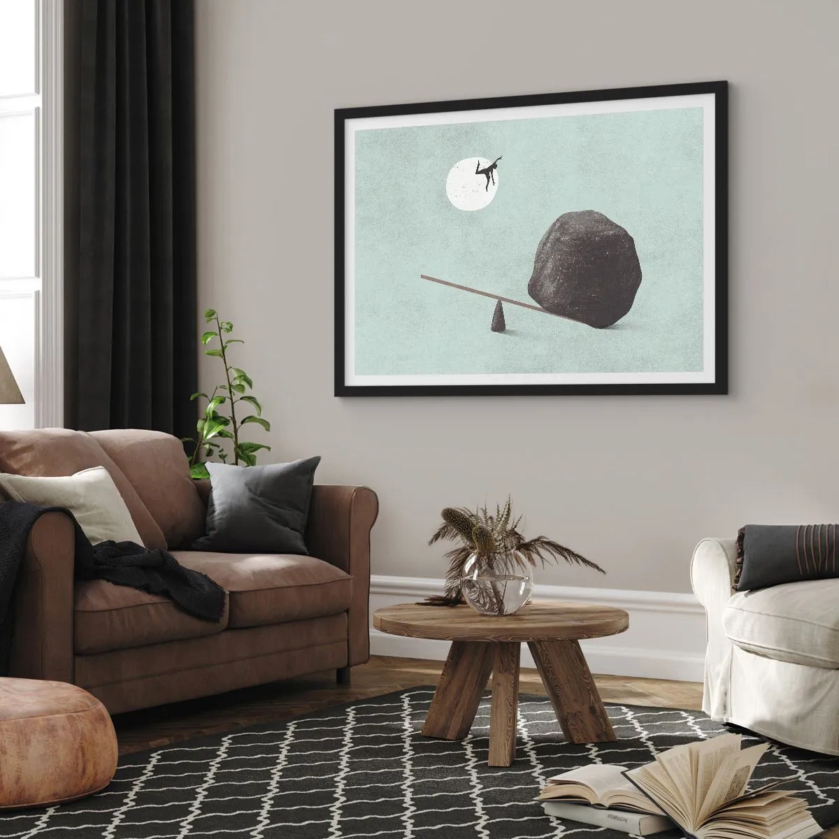 Poster in einem schwarzem Rahmen - Eine symbolische Szene mit einer Figur und einem Gleichgewicht vor einem hellen Himmel. - 100x70cm - Erfüllte Träume - Moderne Wanddekoration für Wohnzimmer und Schlafzimmer ARTTOR