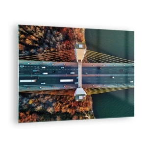 Glasbild - Bild auf glas - Luftaufnahme der Brücke mit symmetrischer Anordnung von Kabeln und Wagen - 70x50cm - Jenseits der Gewässer, jenseits der Wälder - Moderne Wanddekoration für Wohnzimmer und Schlafzimmer ARTTOR