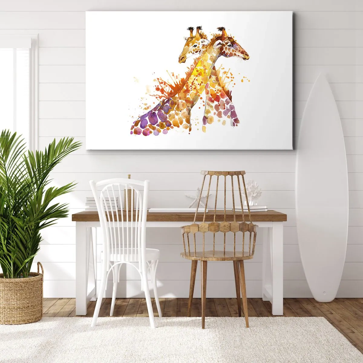 Bild auf Leinwand - Leinwandbild - Aquarell Giraffen in bunten Farbtönen - 100x70cm - Ist es Freundschaft oder ist es Baby? - Moderne Wanddekoration für Wohnzimmer und Schlafzimmer ARTTOR