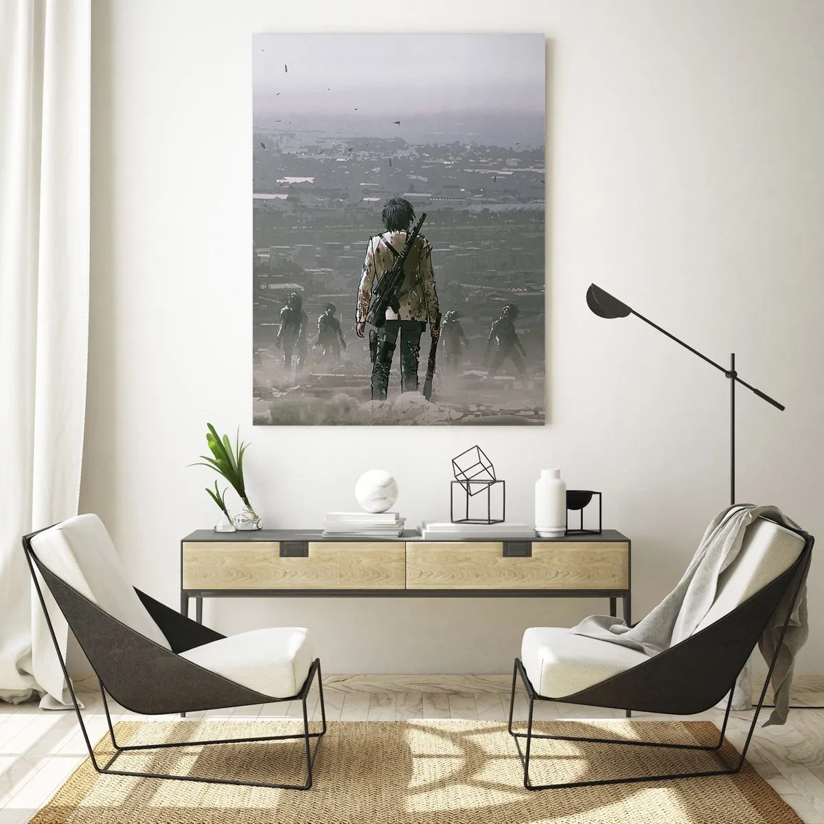 Glasbild - Bild auf glas - Eine Gestalt mit einer Waffe steht vor einer Gruppe in einer dystopischen Landschaft. - 80x120cm - Letzter Gerechter? - Moderne Wanddekoration für Wohnzimmer und Schlafzimmer ARTTOR