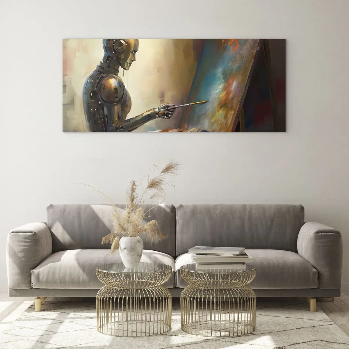 Glasbild - Bild auf glas - Ein Roboter, der im künstlerischen Stil auf einer Leinwand malt - 120x50cm - Die Kunst der Zukunft - Moderne Wanddekoration für Wohnzimmer und Schlafzimmer ARTTOR