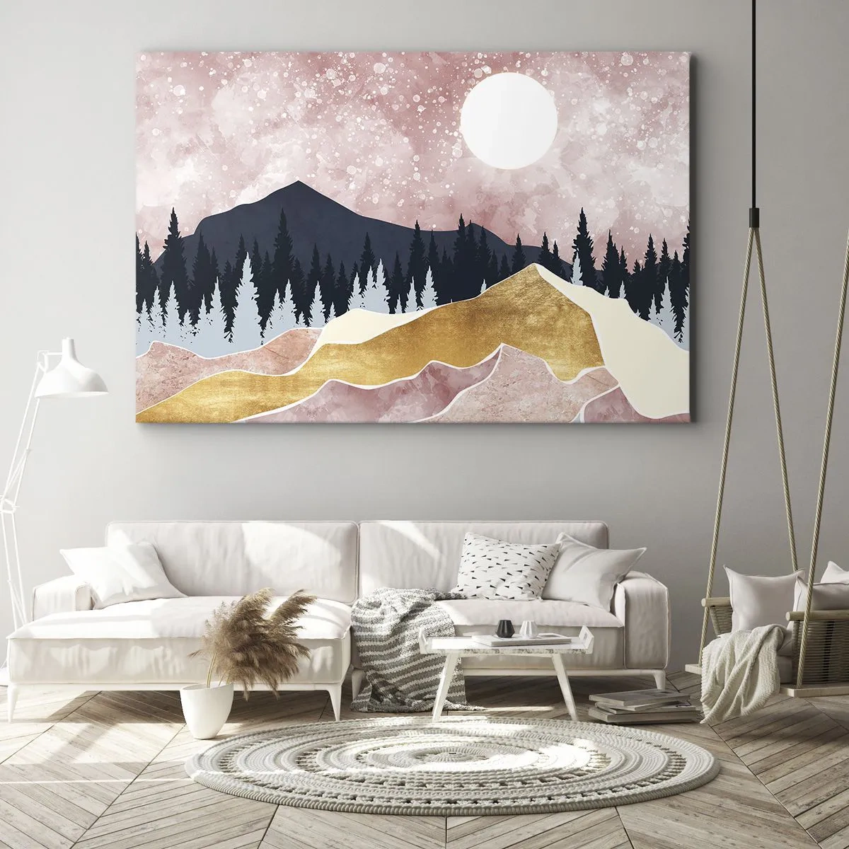 Bild auf Leinwand - Leinwandbild - Bunte Berge vor einem rosa Himmel mit einem Mond - 70x50cm - Nachtwache - Moderne Wanddekoration für Wohnzimmer und Schlafzimmer ARTTOR