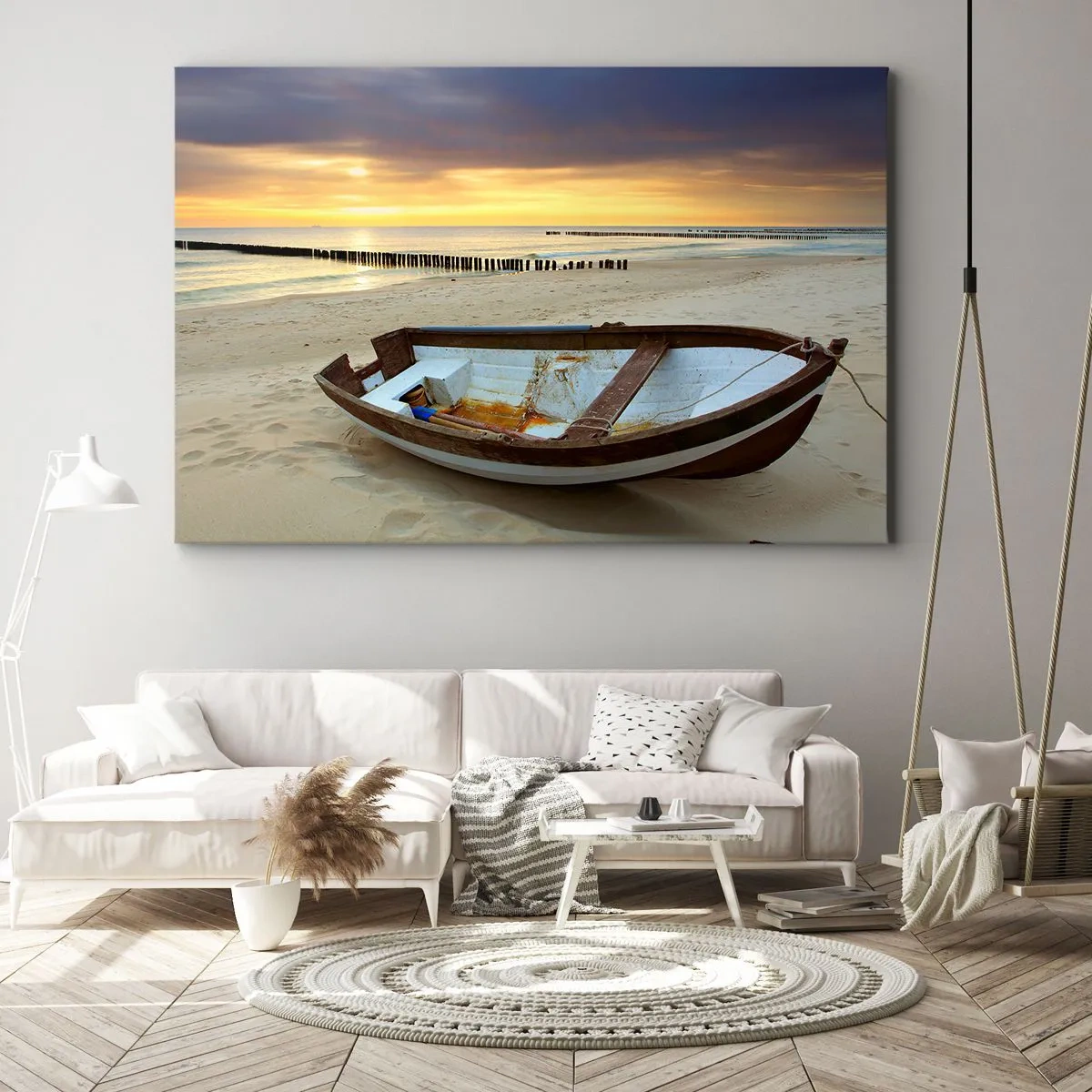 Bild auf Leinwand - Leinwandbild - Ein Boot an einem Sandstrand bei Sonnenuntergang - 120x80cm - Es gibt keine schöneren Strände - Moderne Wanddekoration für Wohnzimmer und Schlafzimmer ARTTOR