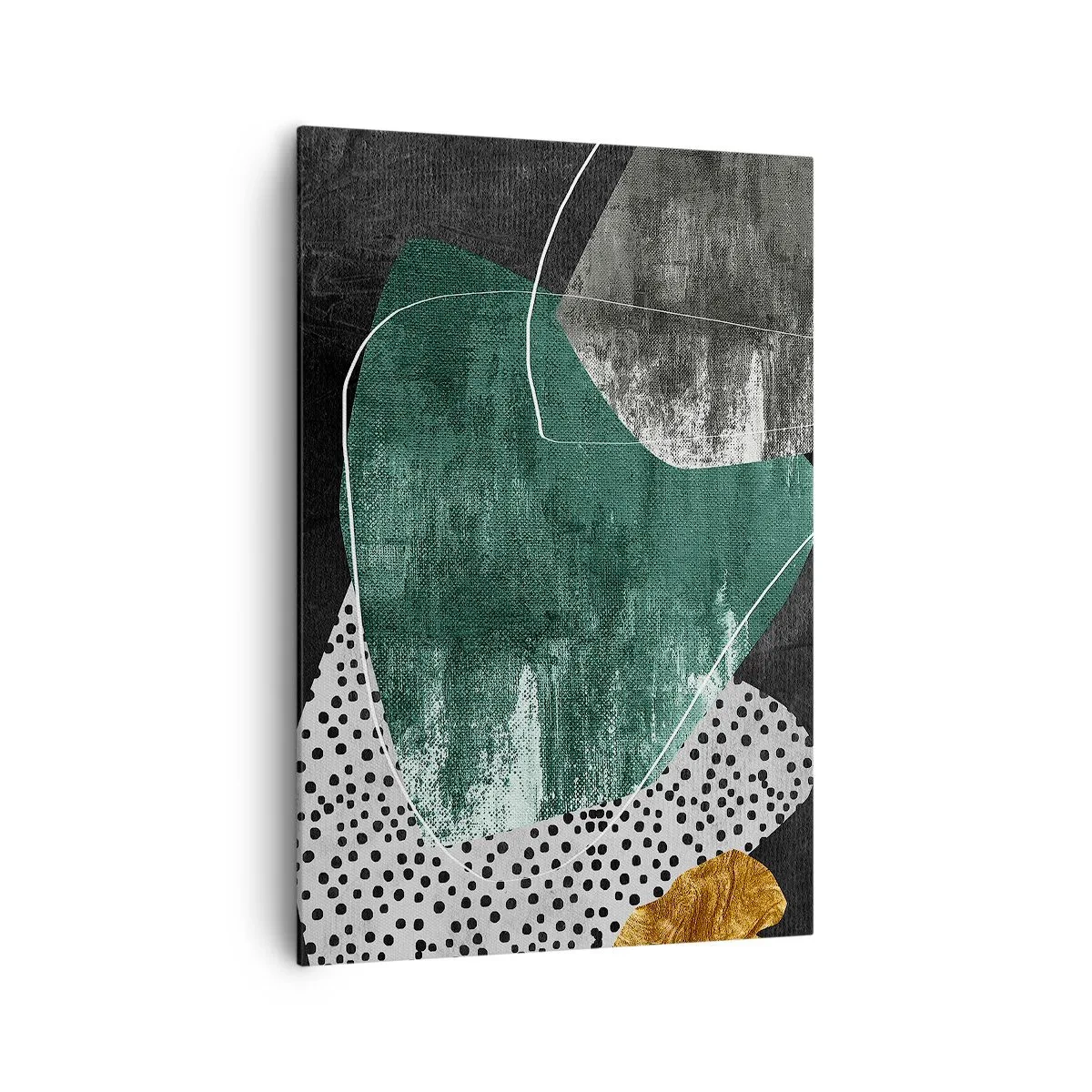 Bild auf Leinwand - Leinwandbild - Abstrakte Komposition mit grünen Formen und Punktmustern - 70x100cm - Bunte Abstraktion mit Blattgold - Moderne Wanddekoration für Wohnzimmer und Schlafzimmer ARTTOR