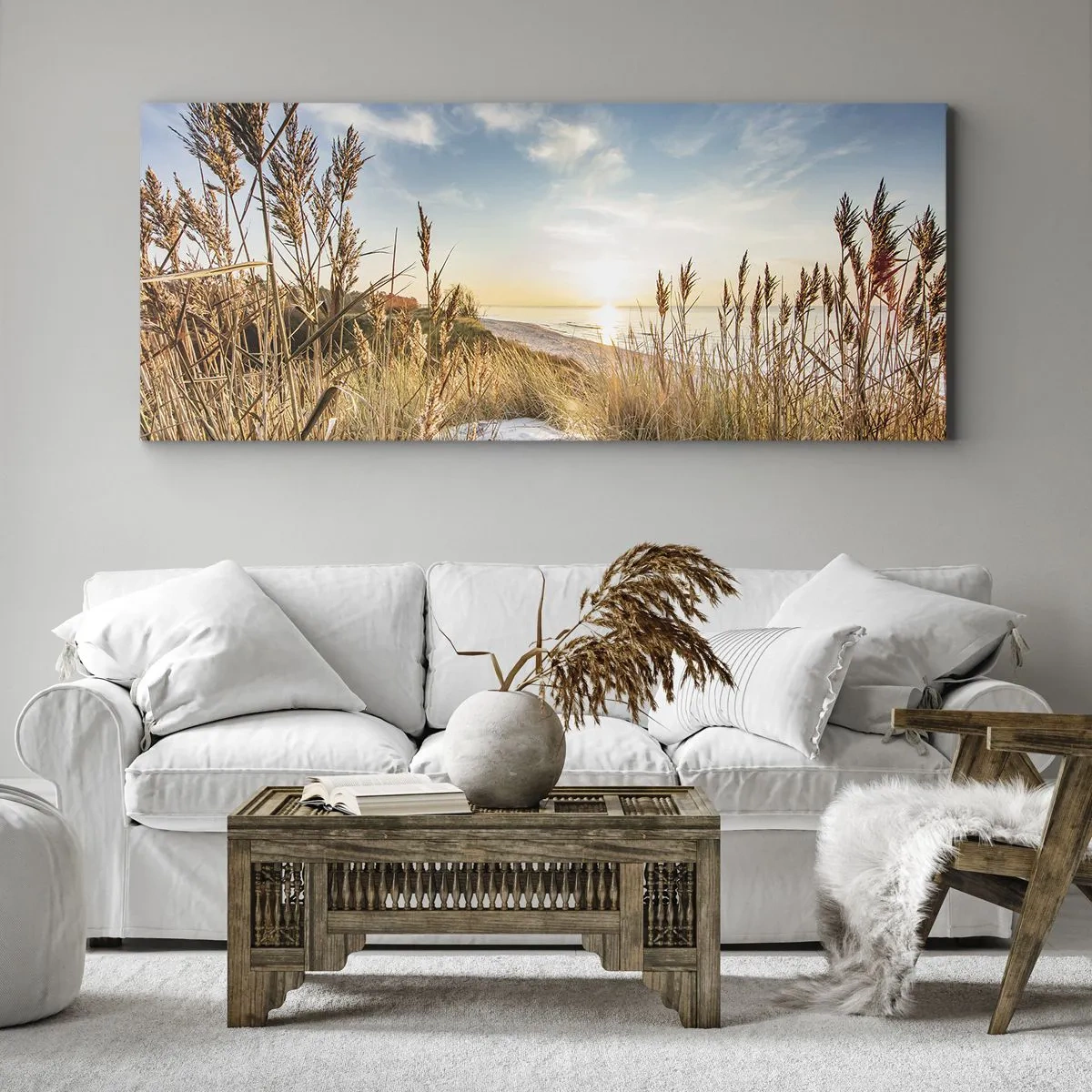 Bild auf Leinwand - Leinwandbild - Ein malerischer Strand mit Gras und untergehender Sonne - 140x50cm - Nordstrand - Moderne Wanddekoration für Wohnzimmer und Schlafzimmer ARTTOR