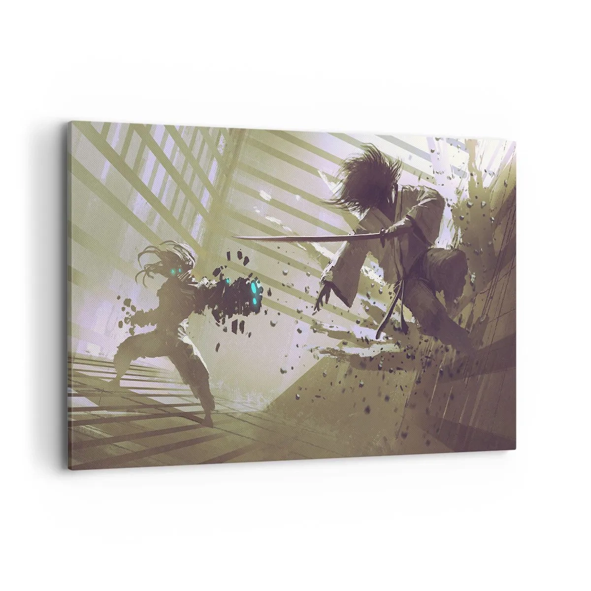 Bild auf Leinwand - Leinwandbild - Dynamischer Kampf zwischen zwei Charakteren im futuristischen Stil - 100x70cm - Und du kannst ein Samurai sein - Moderne Wanddekoration für Wohnzimmer und Schlafzimmer ARTTOR
