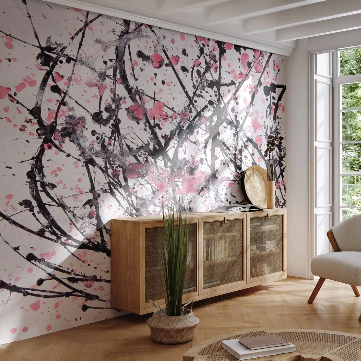 Fototapete Premium Sand - Abstrakte Komposition mit schwarzen und rosa Farbflecken - 100x70cm - Die Flüchtigkeit des Lebens - Moderne Wanddekoration für Wohnzimmer und Schlafzimmer ARTTOR
