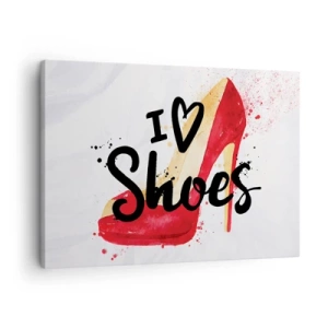 Bild auf Leinwand - Leinwandbild - Roter Stiletto mit der Aufschrift „I love Shoes“ auf weißem Hintergrund - 70x50cm - Liebe hat viele Namen - Moderne Wanddekoration für Wohnzimmer und Schlafzimmer ARTTOR