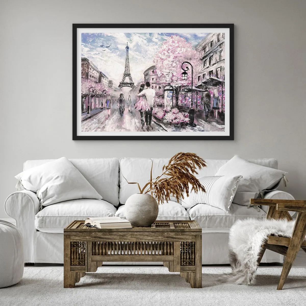 Poster in einem schwarzem Rahmen - Ein romantischer Spaziergang in Paris am Eiffelturm - 70x50cm - Wie man sich verlieben kann, ist nur in ... - Moderne Wanddekoration für Wohnzimmer und Schlafzimmer ARTTOR