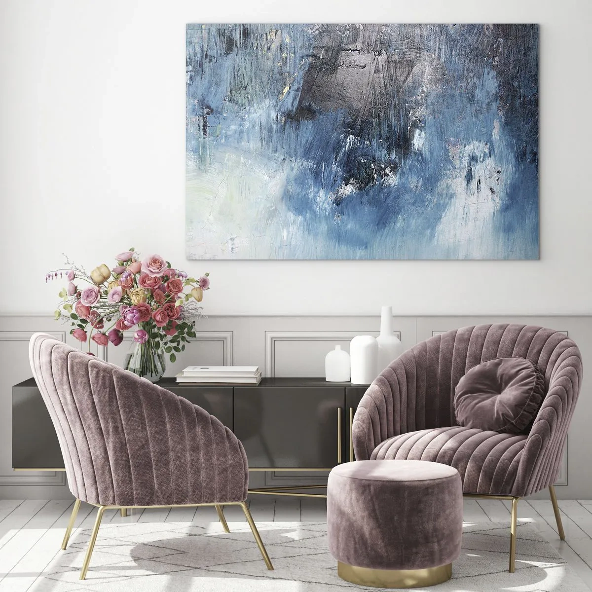 Glasbild - Bild auf glas - Abstrakte Komposition in Blautönen - 100x70cm - Rhapsodie in Blau - Moderne Wanddekoration für Wohnzimmer und Schlafzimmer ARTTOR