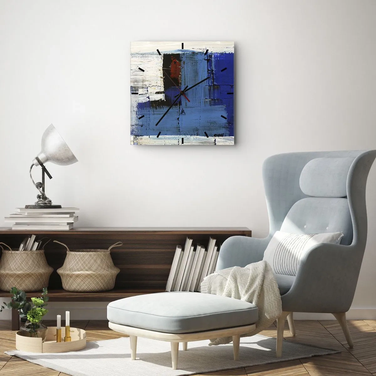 Wanduhr - Glasuhr - Abstrakte Komposition in Blau- und Weißtönen - 30x30cm - Geheimnis ist blau - Moderne Wanddekoration für Wohnzimmer und Schlafzimmer ARTTOR