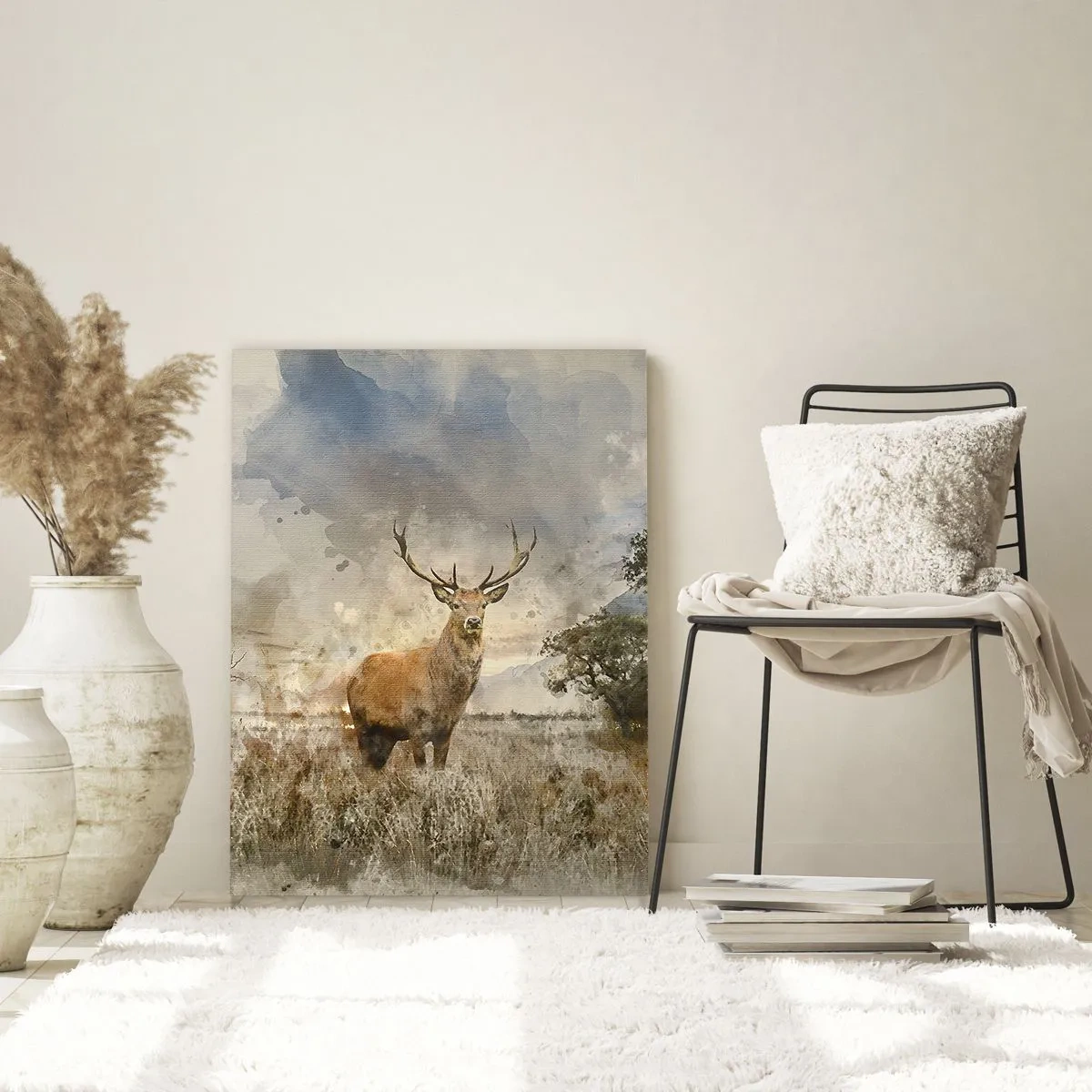 Glasbild - Bild auf glas - Ein Hirsch in einer natürlichen Umgebung im Aquarellstil - 70x100cm - Würde – Stärke – Würde - Moderne Wanddekoration für Wohnzimmer und Schlafzimmer ARTTOR