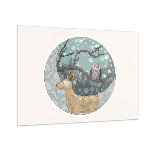 Glasbild - Bild auf glas - Illustration eines Hirsches und einer Eule in einer magischen Umgebung - 100x70cm - Eine märchenhafte Waldnacht - Moderne Wanddekoration für Wohnzimmer und Schlafzimmer ARTTOR