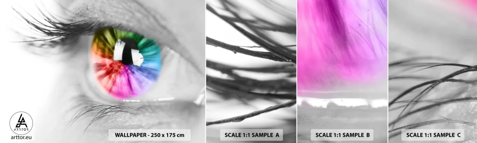 Fototapetenmuster Standard Eco - Schau dir die Welt in Farbe an - Abstraktion, Buntes Auge, 3D - 100x30 cm
