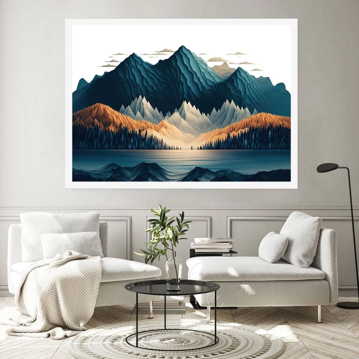 Poster - Malerische Berge über dem See bei Sonnenuntergang - 100x70cm - Perfekte Berglandschaft - Moderne Wanddekoration für Wohnzimmer und Schlafzimmer ARTTOR