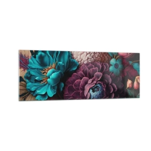 Glasbild - Bild auf glas - Ein Blumenstrauß in intensiven Farben auf dunklem Hintergrund - 140x50cm - Natur in Hülle und Fülle - Moderne Wanddekoration für Wohnzimmer und Schlafzimmer ARTTOR