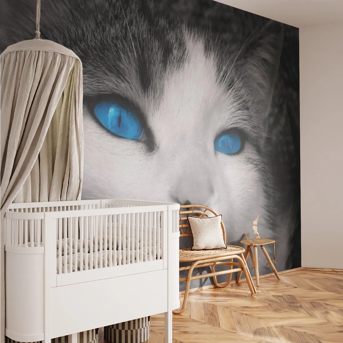 Fototapete Premium Sand - Schwarz-weiße Katze mit intensiv blauen Augen - 100x70cm - Ungewöhnlich blauäugig - Moderne Wanddekoration für Wohnzimmer und Schlafzimmer ARTTOR