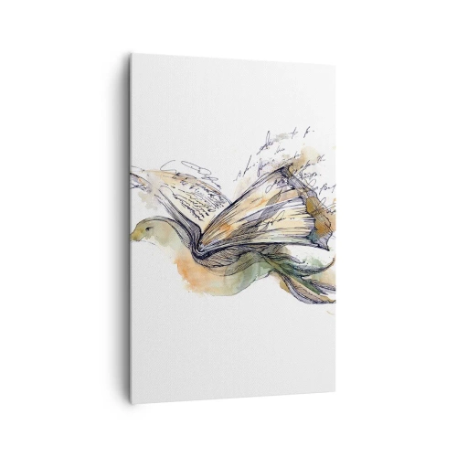 Bild auf Leinwand - Leinwandbild - Künstlerische Aquarellmalerei eines Vogels mit einem Buch als Flügel - 80x120cm - Auf den Flügeln der Poesie - Moderne Wanddekoration für Wohnzimmer und Schlafzimmer ARTTOR