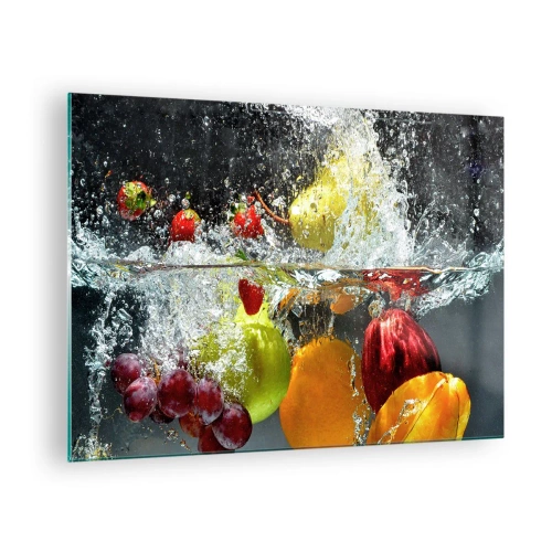 Glasbild - Bild auf glas - In Wasser getauchte Früchte mit dynamischen Spritzern - 70x50cm - Fruchterfrischung - Moderne Wanddekoration für Wohnzimmer und Schlafzimmer ARTTOR