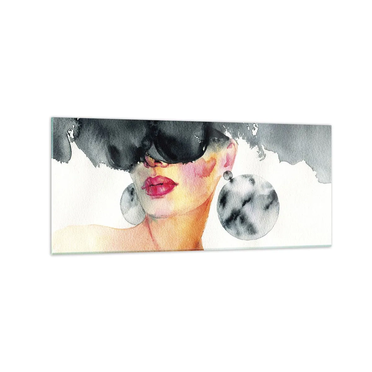 Glasbild - Bild auf glas - Eine Frau mit stylischer Brille und großen Ohrringen - 120x50cm - Das Geheimnis der Eleganz - Moderne Wanddekoration für Wohnzimmer und Schlafzimmer ARTTOR
