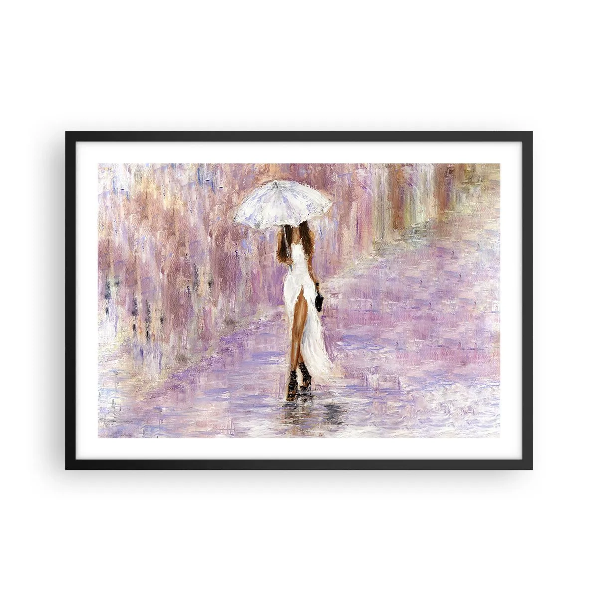 Poster in einem schwarzem Rahmen - Eine Frau mit einem Regenschirm, die im Regen in Fliedertönen läuft - 70x50cm - Im lila Regen - Moderne Wanddekoration für Wohnzimmer und Schlafzimmer ARTTOR