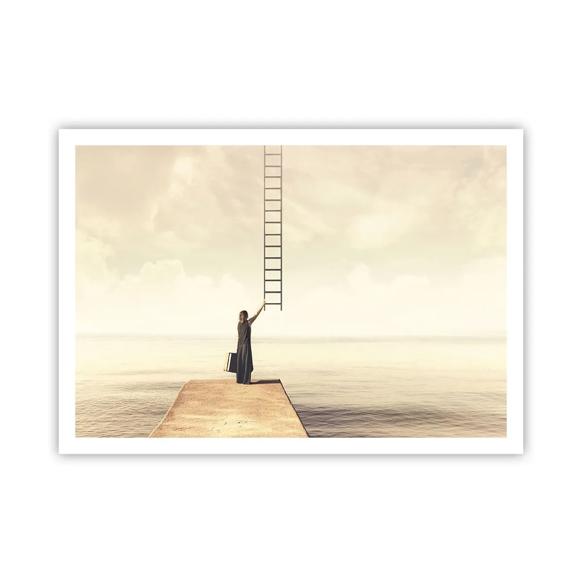 Poster - Eine Frau steht auf einem Pier mit einer Leiter, die in den Himmel führt - 100x70cm - Eine magische Reise - Moderne Wanddekoration für Wohnzimmer und Schlafzimmer ARTTOR