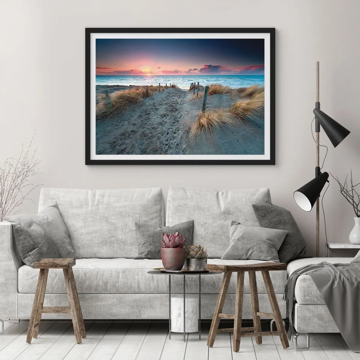 Poster in einem schwarzem Rahmen - Weg zum Strand bei Sonnenuntergang - 100x70cm - Du hast einen Regenbogen aus strahlendem Licht verschüttet ... - Moderne Wanddekoration für Wohnzimmer und Schlafzimmer ARTTOR