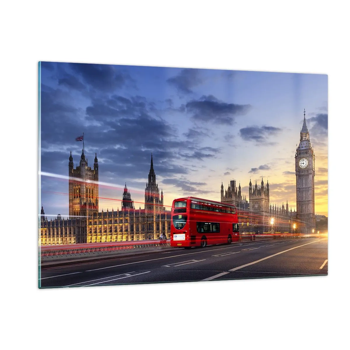 Glasbild - Bild auf glas - Big Ben und der Red Bus in London bei Sonnenuntergang - 120x80cm - Spezielle Charaktere - Moderne Wanddekoration für Wohnzimmer und Schlafzimmer ARTTOR